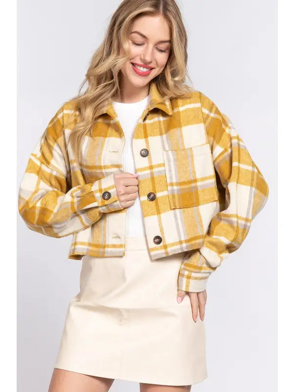 Plaid Button-Down Crop Jacket