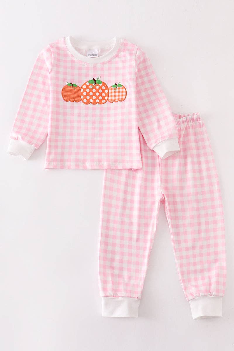 Pink plaid pumpkin applique pajama set