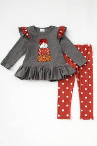 Grey Pumpkin Shirt with Ruffle Shoulder and Polka Dot Pant Set