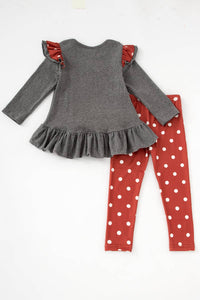 Grey Pumpkin Shirt with Ruffle Shoulder and Polka Dot Pant Set